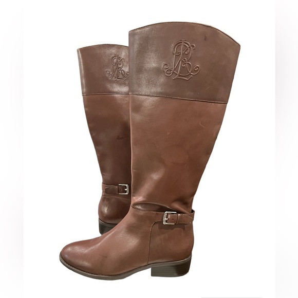 Lauren Ralph Lauren Madisen Leather Riding Boots Sz 7 Brown Embossed Monogram - Picture 7 of 14